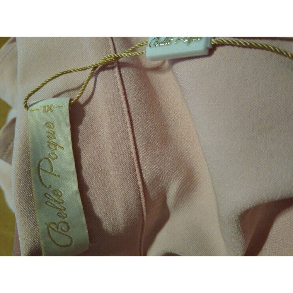 Belle Poque Women XL Pink Vtg Inspired Tie Neck Blouse Short Sleeve Cropped Top - Picture 7 of 8